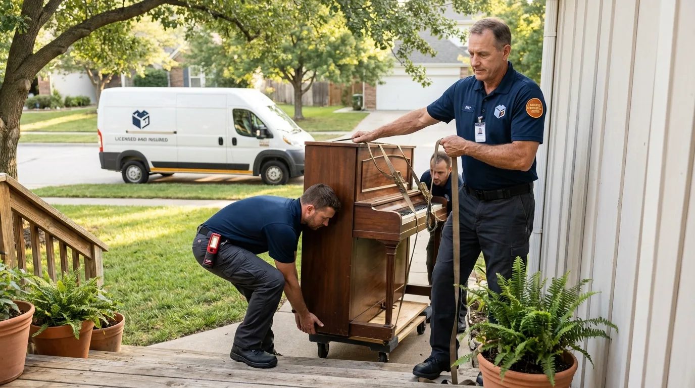 Licensed piano movers securing grand piano in Fairview, TN