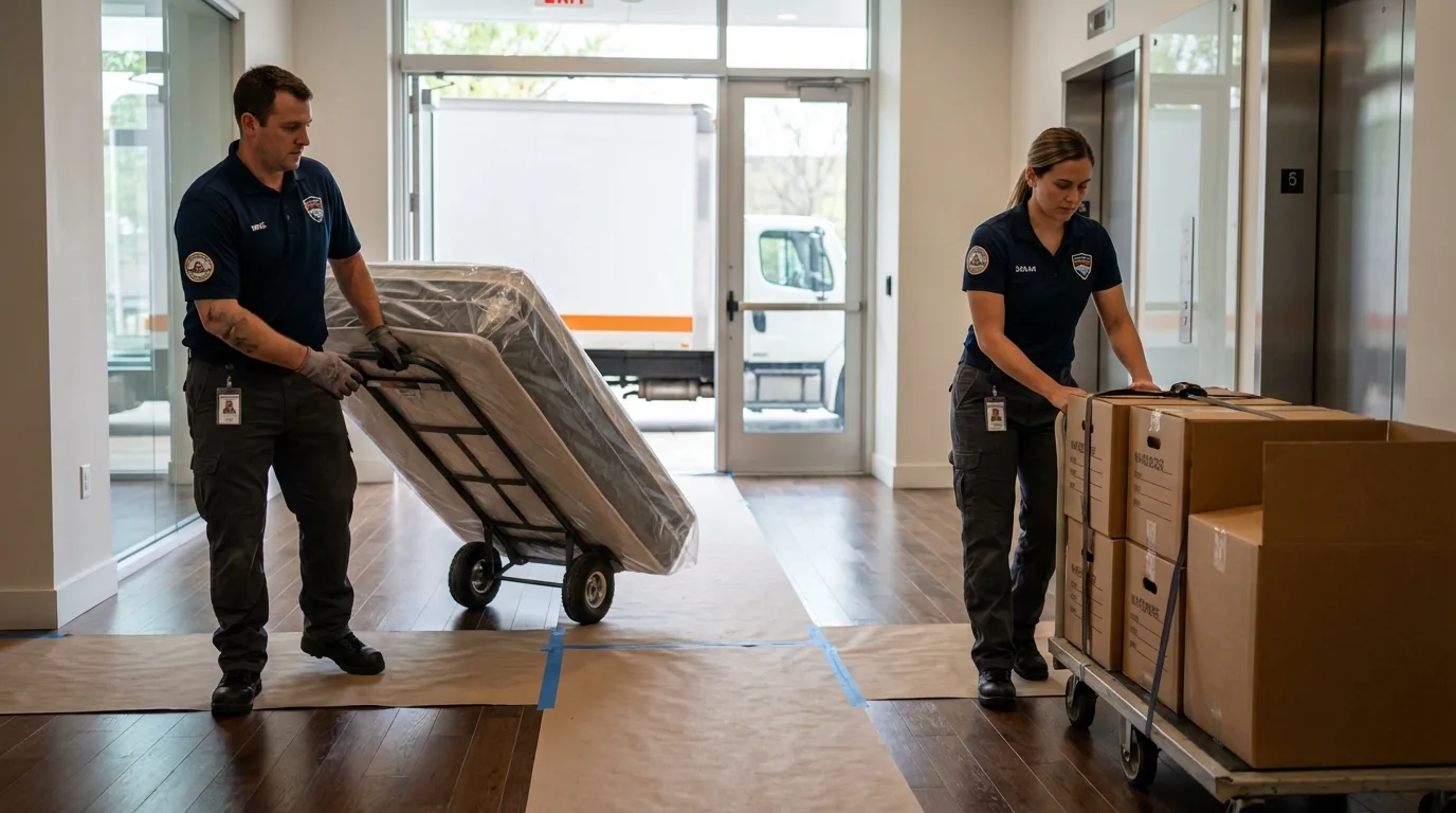 Professional apartment movers loading elevator in Fairview, TN